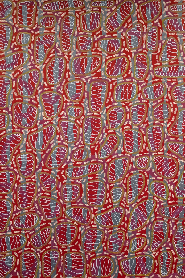 Abstract wallpaper featuring dense red, yellow, and white shapes with intricate patterns on a red background. Interlocking and overlaying elements create a dynamic, textured look. Reminiscent of traditional Indigenous Australian art.