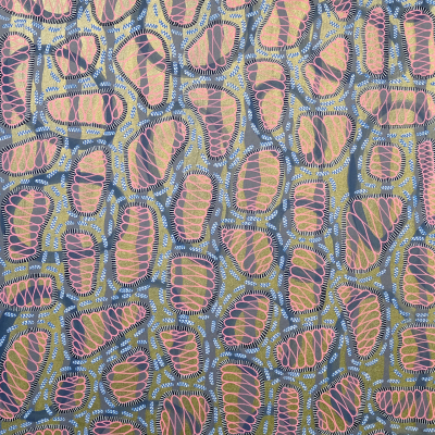 Abstract wallpaper featuring a complex, layered pattern resembling interconnected cells or organic forms. The design includes various shapes outlined in white and filled with shades of pink and orange. The background is a textured blend of olive-green and dark blue. Elements: interconnected cells, organic forms, white outlines, pink, orange, olive-green background, dark blue background.