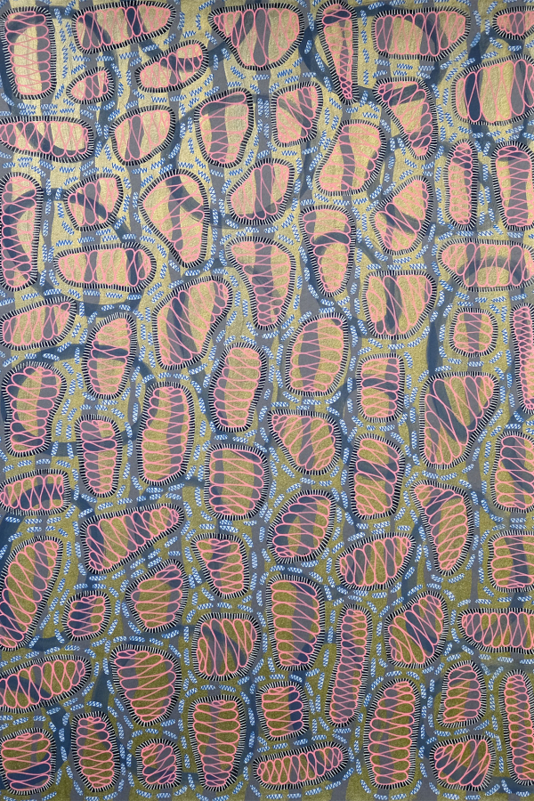 Abstract wallpaper featuring a complex, layered pattern resembling interconnected cells or organic forms. The design includes various shapes outlined in white and filled with shades of pink and orange. The background is a textured blend of olive-green and dark blue. Elements: interconnected cells, organic forms, white outlines, pink, orange, olive-green background, dark blue background.
