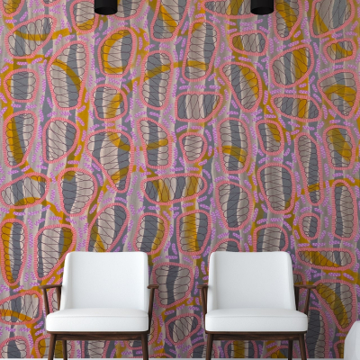 Colorful abstract pattern wallpaper featuring interlocking shapes in shades of pink, yellow, orange, and gray.