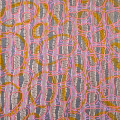 Elongated shapes, intricate lines, grey, orange, yellow fills; pink and white outlines; speckled background with tiny dots. Vibrant abstract pattern wallpaper.