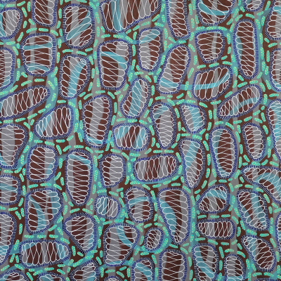 Abstract artwork wallpaper featuring intricate, organic shapes and patterns in turquoise, brown, white, and black. Layered spirals and loops resemble cells or microorganisms, creating a visually dynamic and vibrant composition.