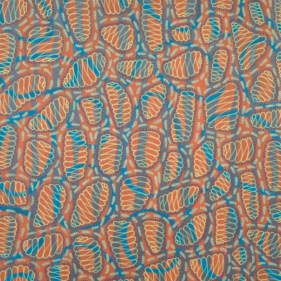 Colorful abstract pattern, overlapping oval shapes, swirling spiral-like lines, shades of blue, orange, white, muted gray background. Ovals densely packed, vibrant dynamic visual effect.