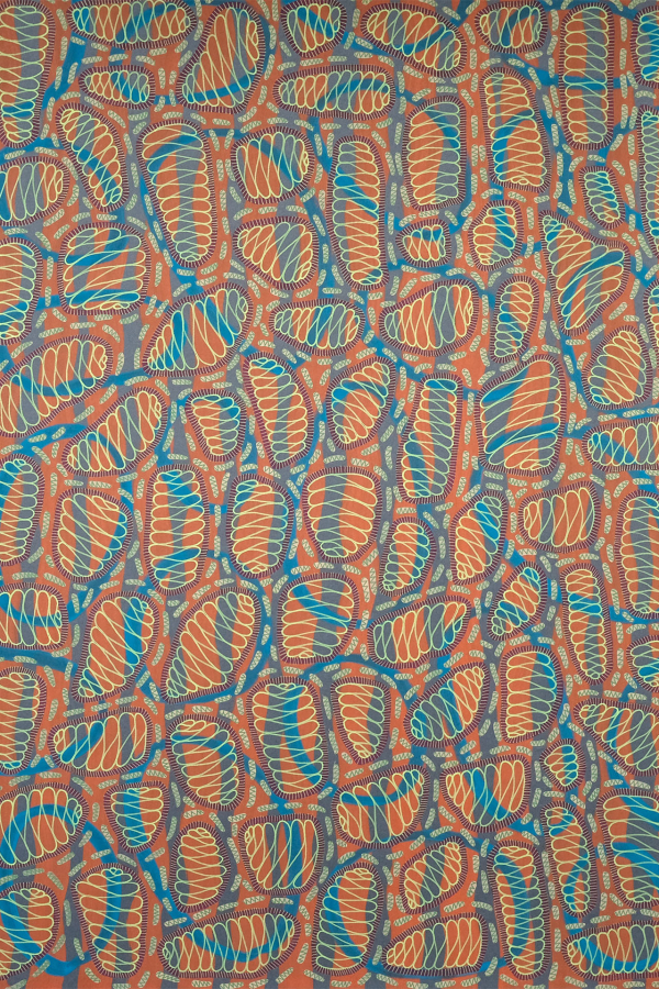 Colorful abstract pattern, overlapping oval shapes, swirling spiral-like lines, shades of blue, orange, white, muted gray background. Ovals densely packed, vibrant dynamic visual effect.