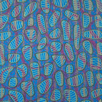 A vibrant abstract wallpaper features multiple blue, pink, and white oval shapes with intricate patterns and spirals on a blue background. Overlapping and interconnected forms create a sense of movement and depth. Elements include: blue ovals, pink ovals, white ovals, intricate patterns, spirals, blue background.