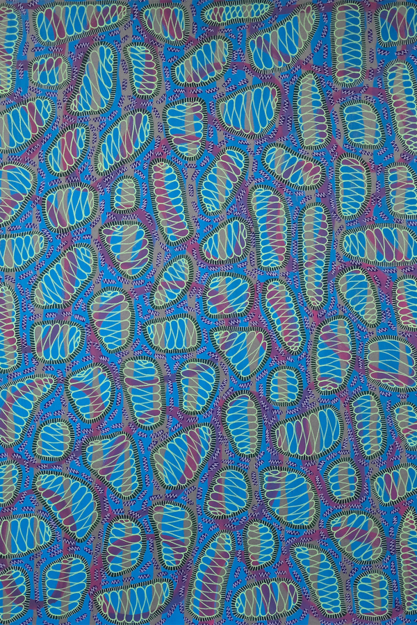 A vibrant abstract wallpaper features multiple blue, pink, and white oval shapes with intricate patterns and spirals on a blue background. Overlapping and interconnected forms create a sense of movement and depth. Elements include: blue ovals, pink ovals, white ovals, intricate patterns, spirals, blue background.