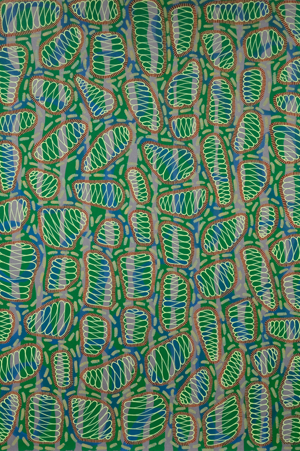 An intricate wallpaper features a dense pattern of green shapes with white and red outlines, resembling organic or cellular structures. These elements are set against a blue and gray background, creating a visually engaging and dynamic composition.