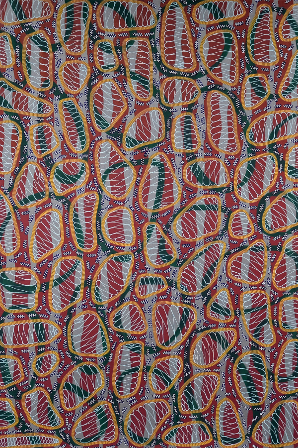 Abstract wallpaper featuring repeated oval shapes in earthy tones: red, orange, green, and white. Each oval is outlined in yellow with zigzag lines and dots. Vibrant, textured pattern ideal for search terms such as "earthy tones," "oval patterns," "yellow outlines," "zigzag lines," and "abstract design.