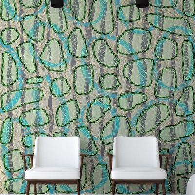 The wallpaper showcases a dynamic pattern featuring green and turquoise organic shapes outlined in black. It's vibrant and abstract, perfect for adding a splash of color and modernity to any room.
