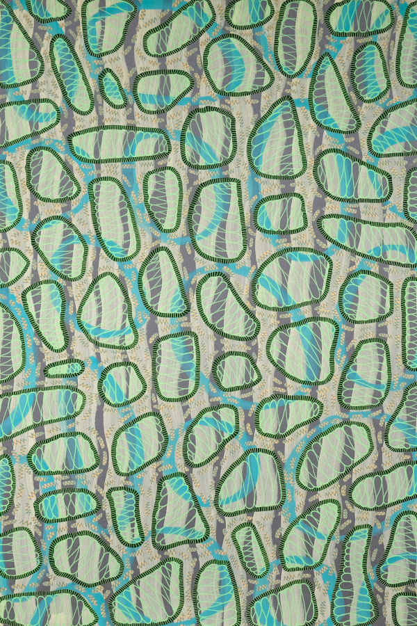 Vibrant fabric pattern with irregular, overlapping organic shapes in shades of green, teal, and blue. Outlined in black against a beige background. Abstract leaves or cells design. Visually dynamic, nature-inspired wallpaper.