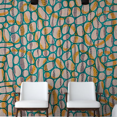 Vibrant, abstract-patterned wallpaper featuring dynamic shapes in blue, yellow, and brown.