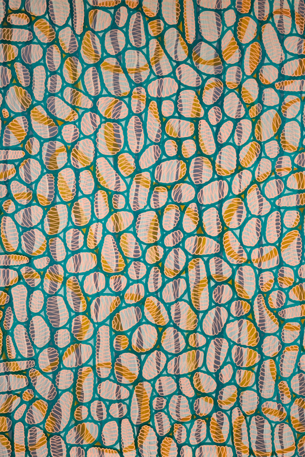 Colorful abstract pattern wallpaper with irregular, pebble-like shapes in shades of yellow, orange, and gray. Outlined by turquoise blue lines. White backdrop enhances vibrancy. Keywords: colorful abstract pattern, pebble shapes, yellow, orange, gray, turquoise outlines.