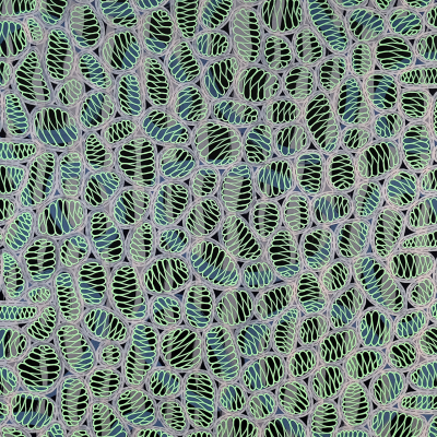 Abstract pattern wallpaper featuring green, black, and blue curvilinear shapes. The tightly knit, overlapping design resembles organic cells or leaf structures, creating a textured and intricate visual effect. Muted and earthy tones dominate the palette. Elements include organic patterns, cell-like structures, and leaf motifs in calming hues of green and blue with accents of black.