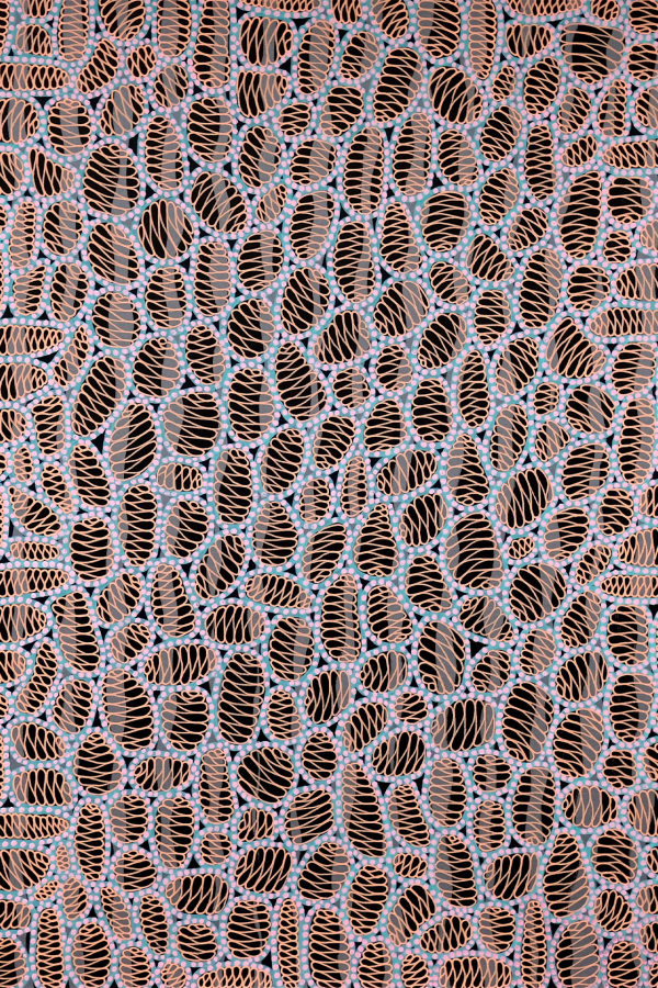 Abstract wallpaper with a dense pattern of small, overlapping oval shapes. Predominantly brown ovals accented with blue and white highlights. The design creates a textured, woven appearance on a dark background. Elements include overlapping ovals and textured weave effect. Key colors are brown, blue, white, and dark tones.