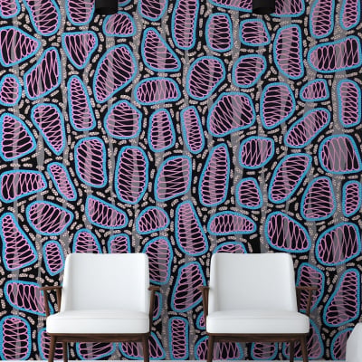 Vibrant, abstract wallpaper featuring multicolored organic shapes in shades of pink, blue, and black.