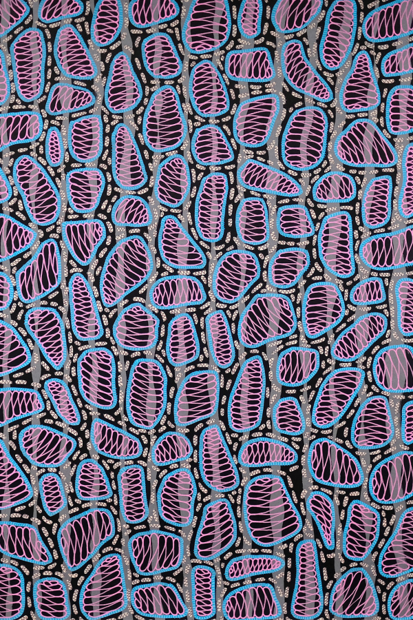 Abstract wallpaper showcases a dynamic array of irregularly shaped, overlapping cells outlined in vibrant blue, pink, and black lines on a dark background. The cells feature intricate patterns of parallel lines and dots, creating a visually engaging design. Key elements: irregular shapes, blue outlines, pink outlines, black outlines, dark background, parallel lines pattern, dot pattern.