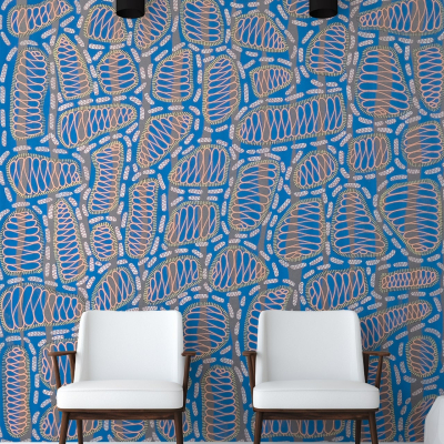 The wallpaper is a vibrant blue with an intricate, abstract pattern. The design incorporates various elements such as swirling lines, geometric shapes, and interlocking forms in shades of white, silver, and darker blues.
