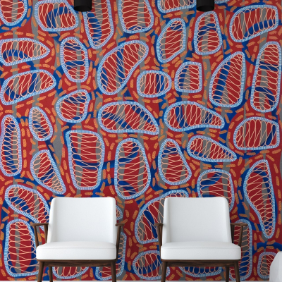 Brightly colored abstract wall mural with red, blue, and yellow patterns.