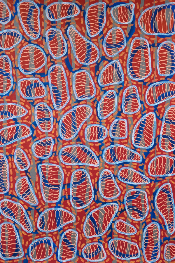 Wallpaper Description: A vibrant, abstract design with repeating, overlapping shapes resembling leaves or seeds. Dominant colors are red, blue, and orange. The shapes feature intricate white and black linear details. The background blends shades of blue and orange.