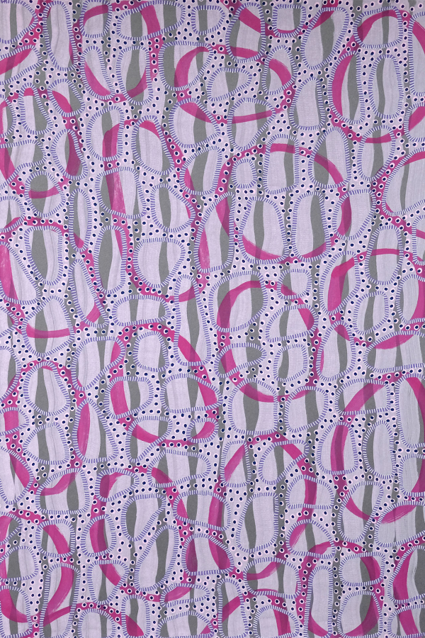 Wallpaper featuring an intricate and dynamic abstract pattern with interlaced pink loops, green vertical shapes, and black and white dots on a pale background. Vibrant colors and lively visual effect with pink, green, black, white elements.