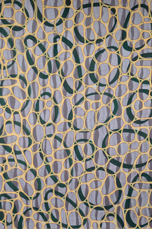 Abstract wallpaper with irregular, interconnected yellow shapes forming a mosaic-like design. Organic, fluid feel. Background with alternating stripes in green, gray, and white shades. Vibrant and dynamic pattern.