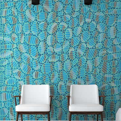 Bright, geometric teal and blue patterned wallpaper.
