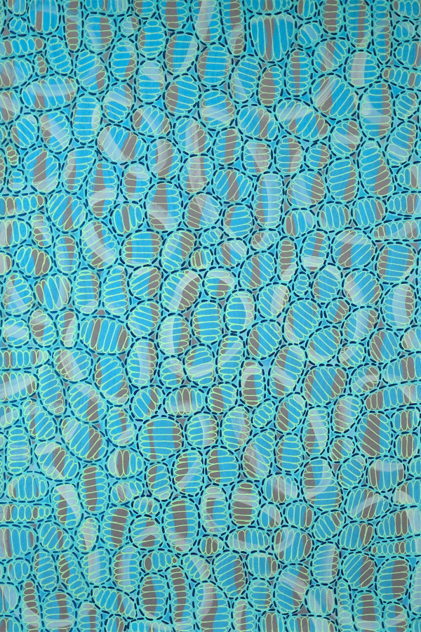 An abstract pattern featuring various shades of blue, turquoise, and brown. The design includes rounded and oblong shapes outlined in black. Shapes are closely packed together, forming a repetitive, mosaic-like appearance.
