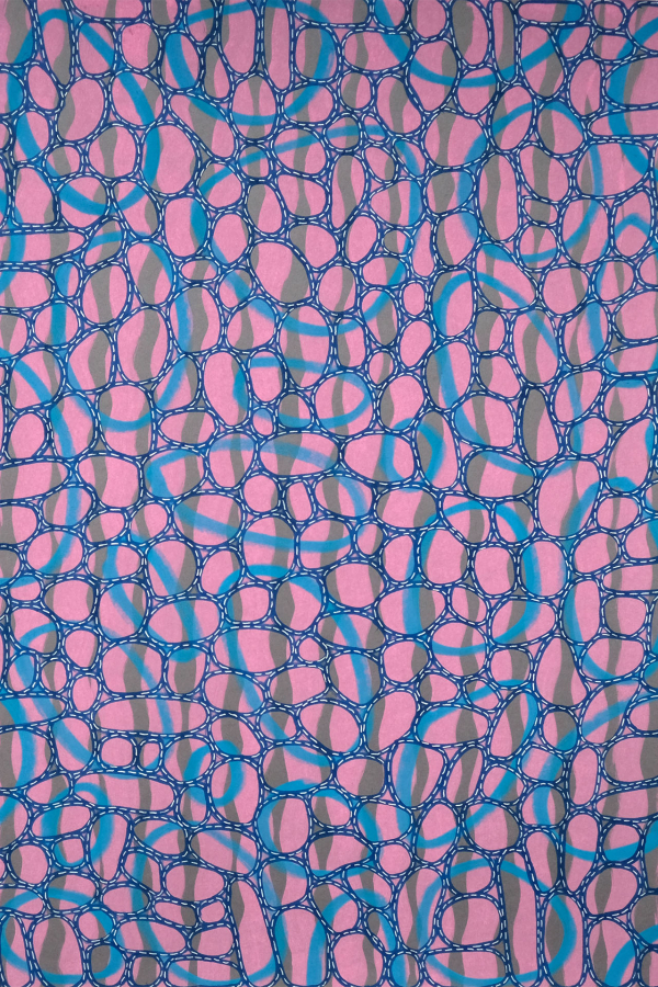 A vibrant wallpaper with intertwined blue loops on a pink background, highlighted with light gray accents. The loops vary in size, creating a complex and dynamic abstract design. Colorful and visually engaging.