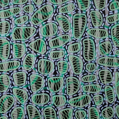 Abstract painting wallpaper featuring interconnected, irregular green oval shapes outlined in black. Intricate internal patterns and lines within the ovals. Background is black and gray with small white dotted details.