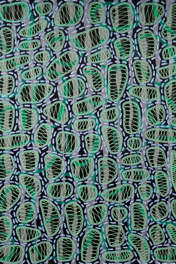 Abstract painting wallpaper featuring interconnected, irregular green oval shapes outlined in black. Intricate internal patterns and lines within the ovals. Background is black and gray with small white dotted details.
