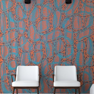 The wallpaper contains a vibrant, abstract pattern with orange, blue, and black shapes.