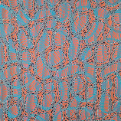Abstract wallpaper with vibrant coral, blue, and black hues. Features swirling, interconnected shapes resembling organic forms or leaves for a dynamic, intricate visual effect.