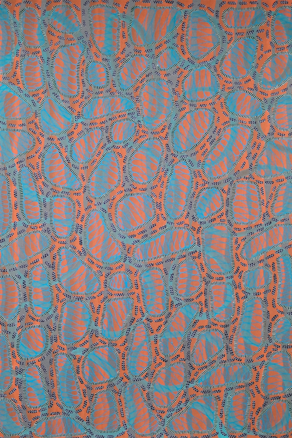 Abstract wallpaper with vibrant coral, blue, and black hues. Features swirling, interconnected shapes resembling organic forms or leaves for a dynamic, intricate visual effect.