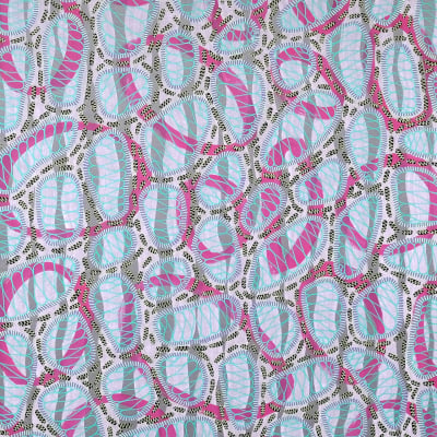 Vibrant textile pattern with dense arrangement of abstract leaf shapes in pink, light blue, and green colors. Intertwined with thin, wavy lines and small intricate details. Busy design covering entire fabric.