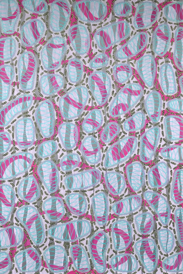 Vibrant textile pattern with dense arrangement of abstract leaf shapes in pink, light blue, and green colors. Intertwined with thin, wavy lines and small intricate details. Busy design covering entire fabric.
