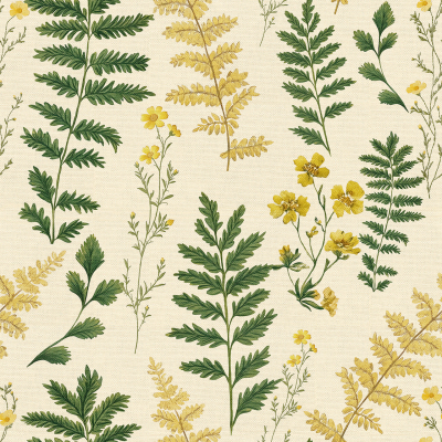 A repeating pattern of green and olive botanical illustrations featuring various types of ferns and delicate yellow flowers on a cream background, exuding vintage aesthetics.