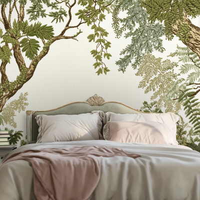 The wallpaper features a botanical mural depicting lush green foliage, reminiscent of an olive grove. The primary colors are shades of green, adding a serene and natural touch to the space.