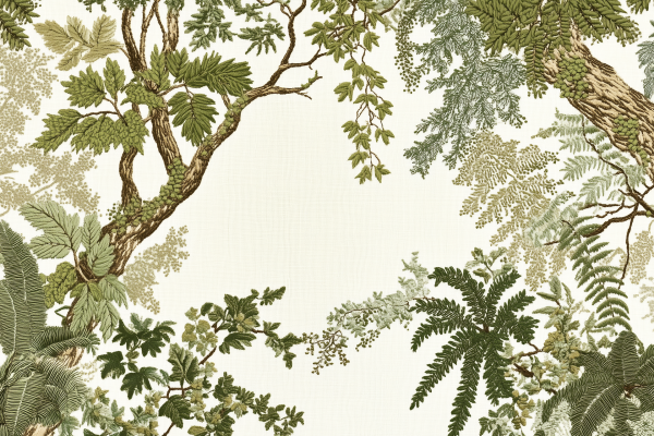 Illustration of lush green foliage and branches from various trees and plants artistically arranged on a light background. Primarily green leaves depict a dense, vibrant forest canopy resembling an olive grove, creating a serene scene. Elements: lush greenery, diverse tree branches, forest canopy. Colors: multiple shades of green against light background.