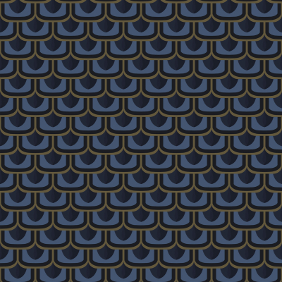 A seamless wallpaper pattern featuring repeated semicircles and quarter-circles in shades of dark blue and black. The design creates a geometric, scalloped effect with subtle cubist influences. The layout is consistent and symmetrical. Elements include semicircles, quarter-circles, geometric shapes, scalloped effect, cubist influence. Colors used are dark blue and black.
