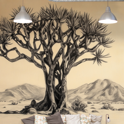 A large wall mural of a tree with a desert landscape featuring earthy tones, shades of green for the tree, and warm colors like ochre, sandy beige, and muted oranges for the desert.