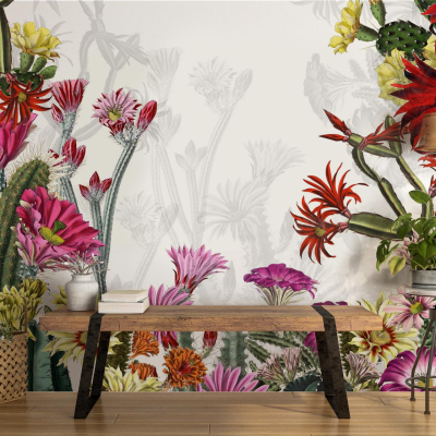 The wallpaper features a dynamic mural with colorful floral and cactus elements. Red, pink, orange, and yellow flowers blend amid lush green foliage. The design showcases an eye-catching mix of vibrant hues and botanical patterns.