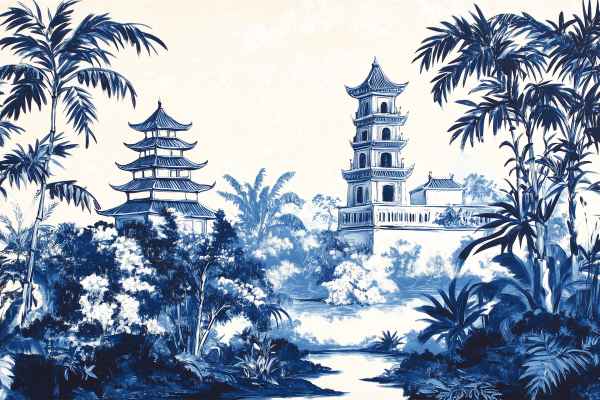 A detailed blue and white illustration wallpaper features a lush tropical landscape with two ornate pagodas. Surrounded by dense foliage and palm trees, the elegant, multi-tiered structures are set against a serene backdrop of open spaces filled with trees and sky. Key elements include: 
- Blue and white color scheme
- Tropical landscape
- Two ornate pagodas
- Dense foliage
- Palm trees
This description can help you find similar wallpapers by focusing on the details and colors mentioned.