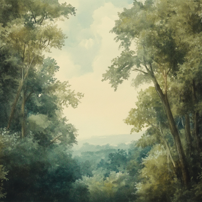 A serene wallpaper of a forest scene featuring tall, lush trees with dense, green foliage. Sunlight filters through the canopy in soft, warm light. Background shows open spaces and a hazy, distant horizon for depth and tranquility. Colors: rich greens, soft yellows, subtle browns, and gentle blues. Elements: tall trees, green foliage, sunlight filters, open spaces.