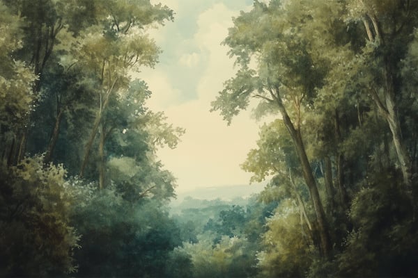 A serene wallpaper of a forest scene featuring tall, lush trees with dense, green foliage. Sunlight filters through the canopy in soft, warm light. Background shows open spaces and a hazy, distant horizon for depth and tranquility. Colors: rich greens, soft yellows, subtle browns, and gentle blues. Elements: tall trees, green foliage, sunlight filters, open spaces.