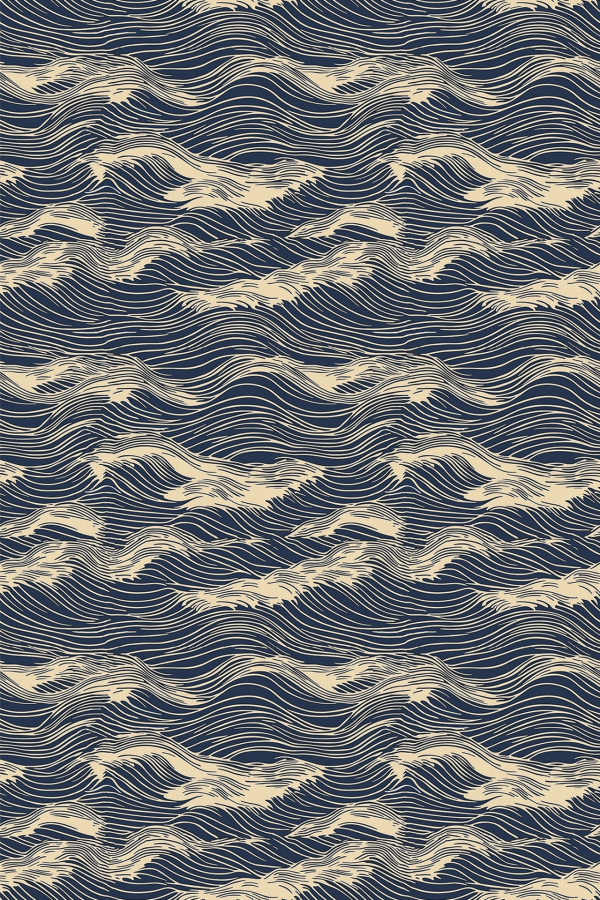 Seamless abstract pattern wallpaper featuring wavy, hand-drawn lines in shades of beige on a dark blue background. The lines create an organic, undulating effect resembling waves or flowing water. Elements: wavy lines, hand-drawn, organic flow. Colors: beige shades, dark blue background.