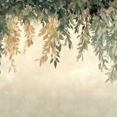 Wallpaper Illustration:
Lush green, brown, and yellow foliage hangs elegantly from the top against a light beige background. The nature-themed canopy creates a gentle and calming effect. Elements include vibrant green leaves, earthy brown branches, and golden-yellow highlights, all contributing to a serene ambiance.