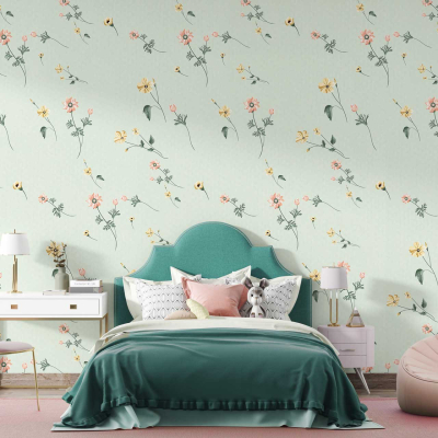 The bedroom features walls adorned with pastel floral wallpaper. The wallpaper includes soft pink, light blue, gentle lavender, and pale yellow hues depicting delicate flowers and greenery.