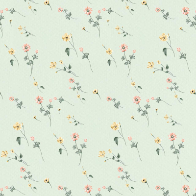 Light green background, repeated pattern, delicate hand-drawn flowers, yellow and pink flowers, green leaves, thin stems, scattered design, subtle floral design, evenly spaced.