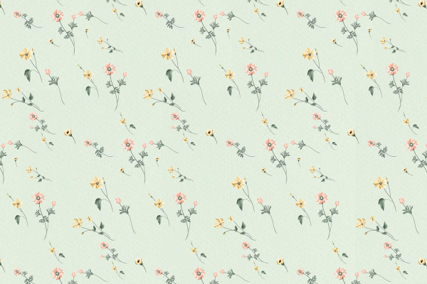 Light green background, repeated pattern, delicate hand-drawn flowers, yellow and pink flowers, green leaves, thin stems, scattered design, subtle floral design, evenly spaced.