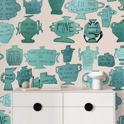 Wallpaper with teal and blue pottery illustrations featuring unique, handwritten phrases.